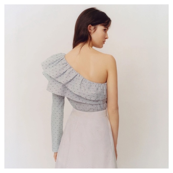 Maje Tops - MAJE • Lelina Ruffled One-Shoulder Top in Blue • Medium
